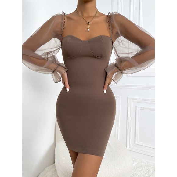 Sweetheart Neck Flounce Sleeve Bodycon Dress sheer long sleeve black butterfly - Picture 6 of 11